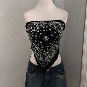 Bandana Tube Top Black‎ White Paisley Print Sleeveless Cropped